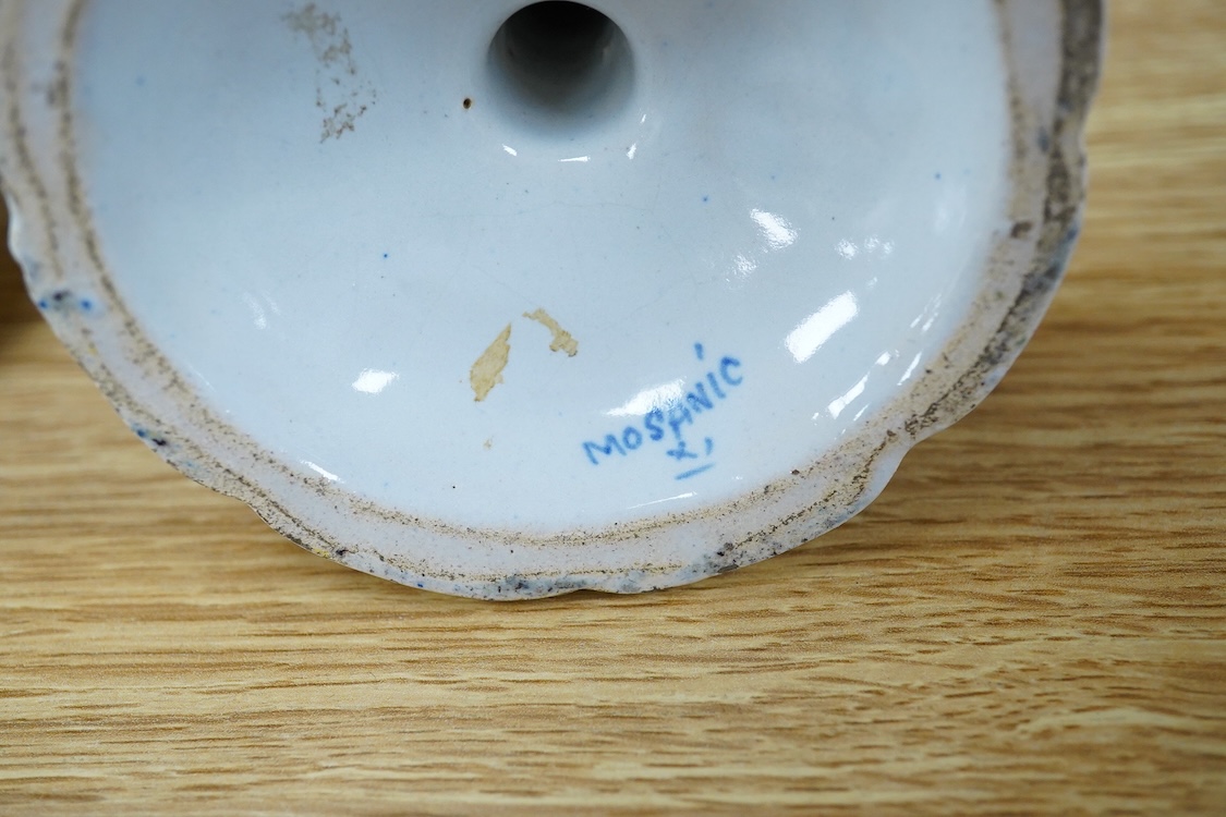 An 18th century Delft plate, two tin-glazed dishes and candlestick, a Gardener Russian porcelain tea cup and saucer, and a mug with liner, largest 22cm in diameter